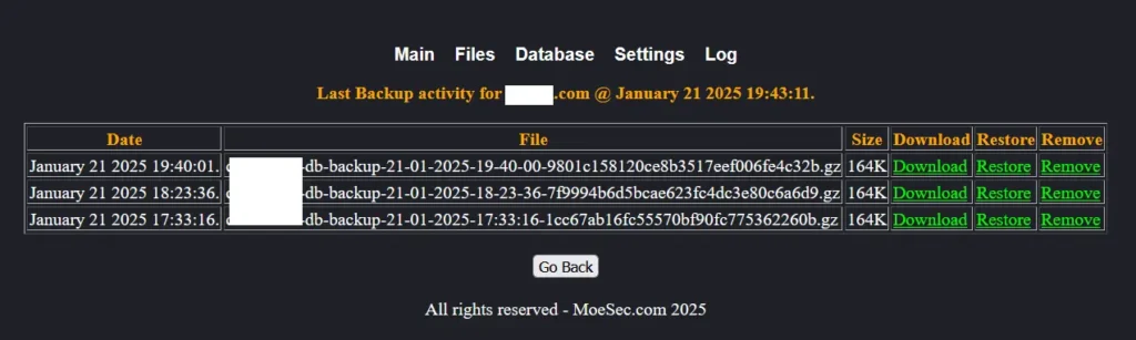 Content - Files Backups with options to download, restore or delete