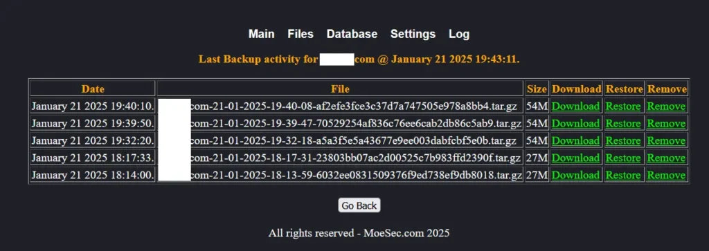 Database Backups with options to download, restore or delete