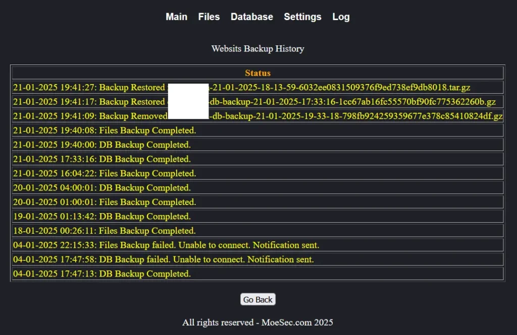 Backup logs & History