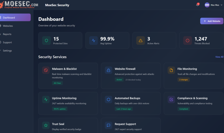 MoeSec Website Security Platform Dashboard